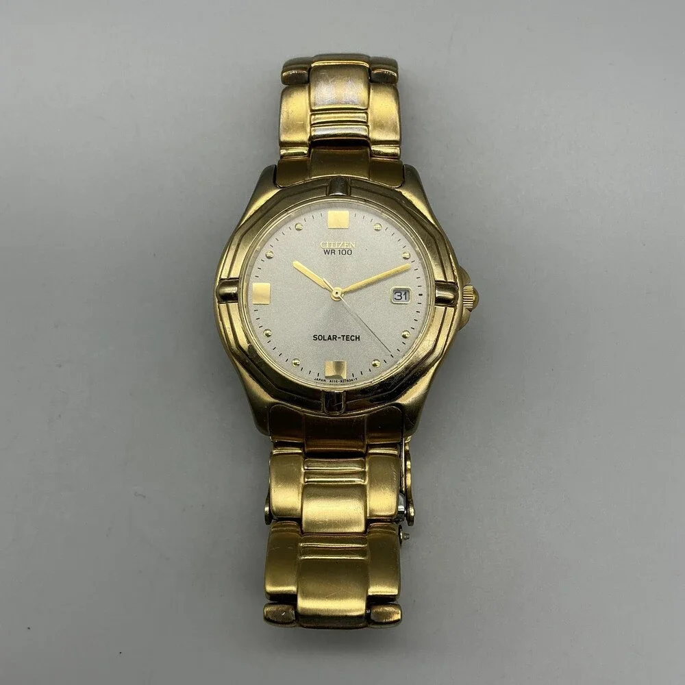 Citizen Eco-Drive Solar-Tech WR 100 Mens Watch 36mm Gold Tone Date 7.25